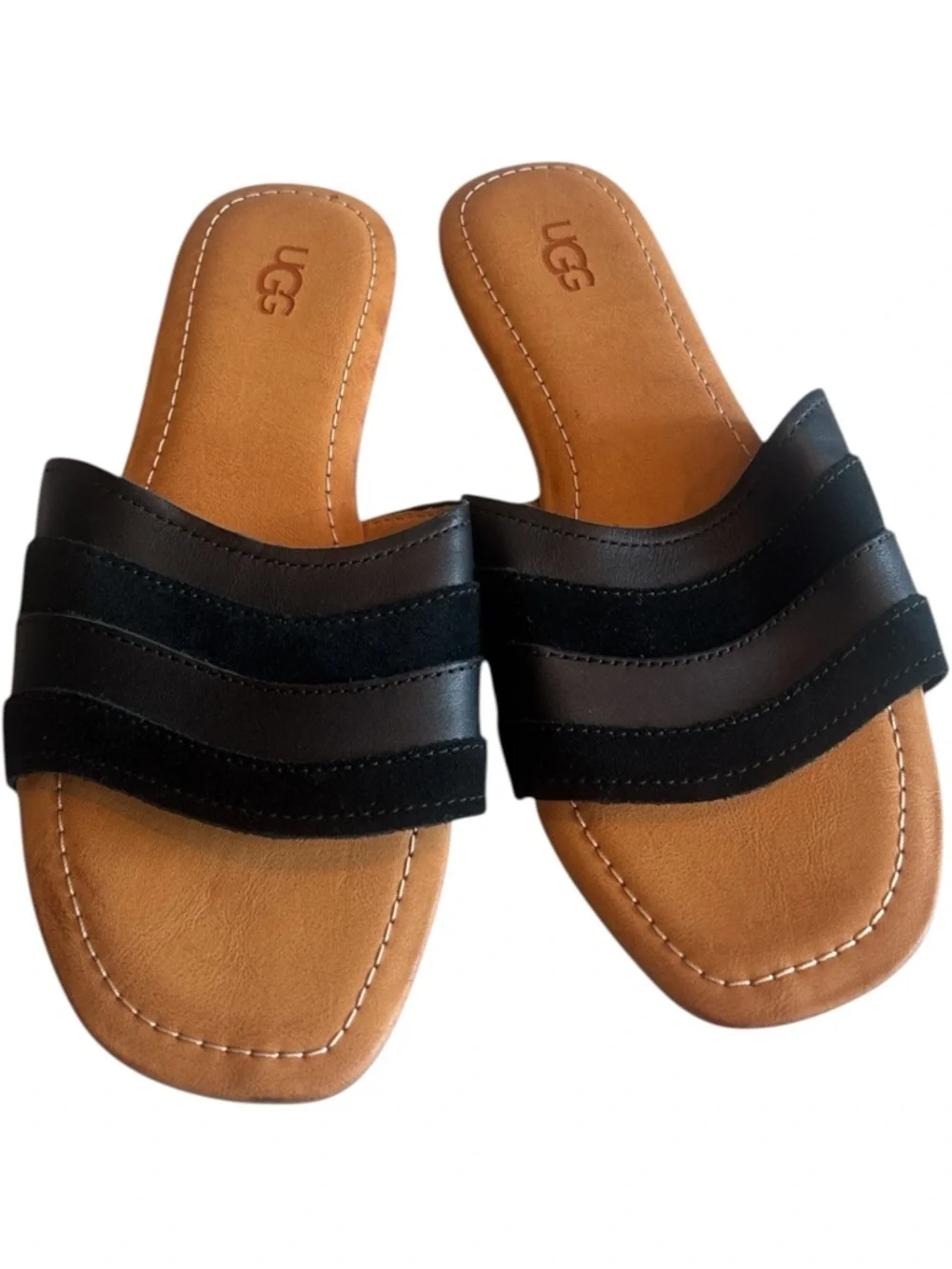 UGG Ximena Slide Black Leather Sandals  Double Strap Minimalist Slides - Picture 4 of 5